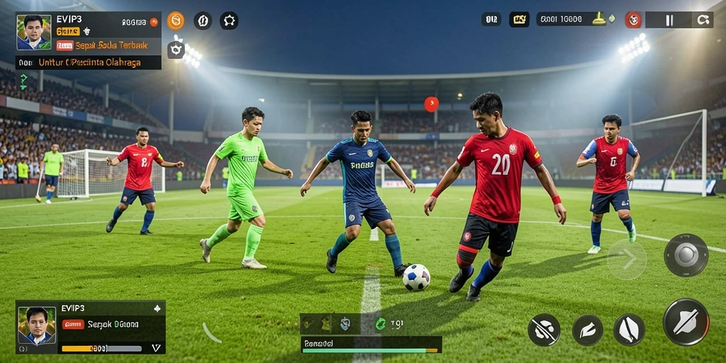 Screenshot gameplay EVIP3 yang menampilkan aksi pertandingan sepak bola.