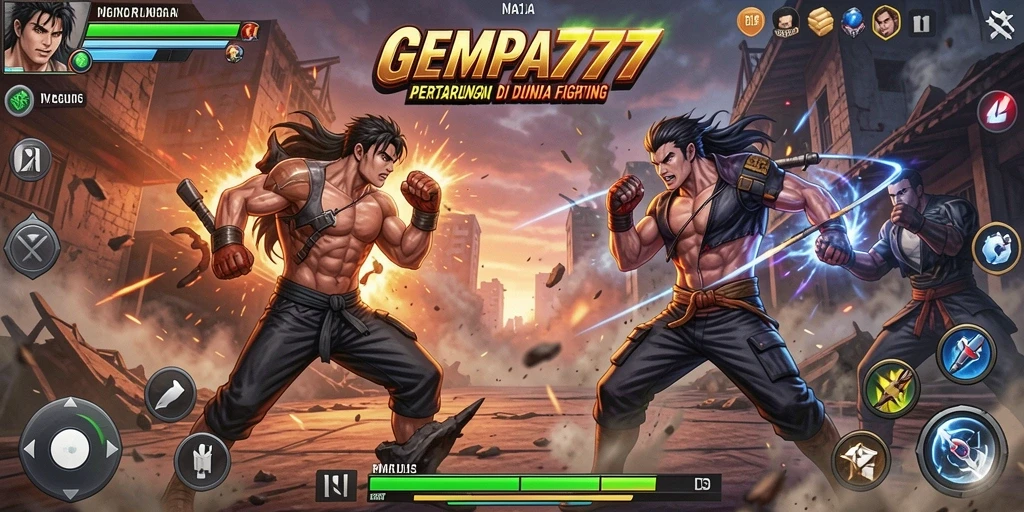 Tampilan gameplay seru dalam GEMPA777 yang menampilkan pertarungan antar karakter.