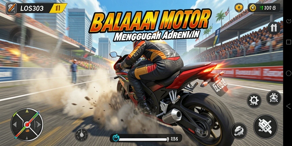 Screenshot gameplay menunjukkan balapan motor yang seru dan penuh aksi.