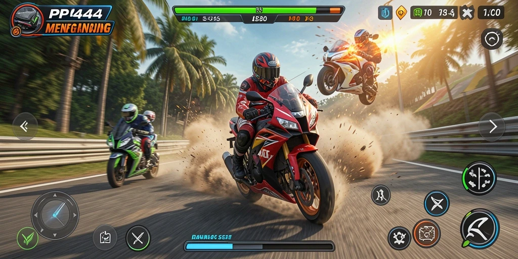 Screenshot gameplay PP444 dengan aksi balapan motor yang intens.